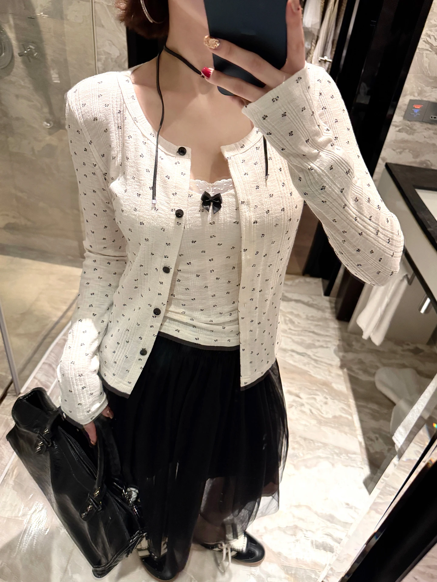 

Ana Phora Pure Desire Floral Knot Knitted Cardigan Women's Spring New Polka Dot Vest Two-Piece Set Warm Style Cotton