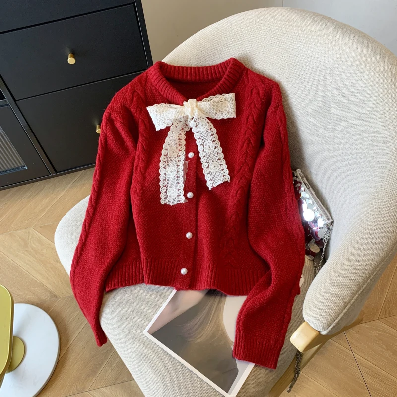 

2025, новинка, европейский, одежда, осень, зима, свитер, шикарный, сексуальный, с круглым вырезом, бантом, пуговицами, женский, с длинным рукавом, вязаный, кардиган, топы, 59055