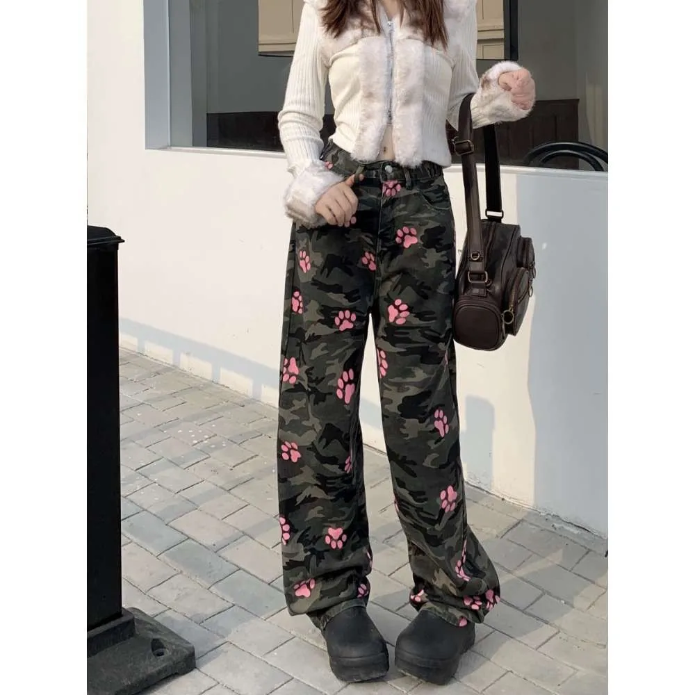 

ZHISILAO New Camouflage Floral Print Jeans Women Loose High Waist Straight Denim Pants Streetwear 2024