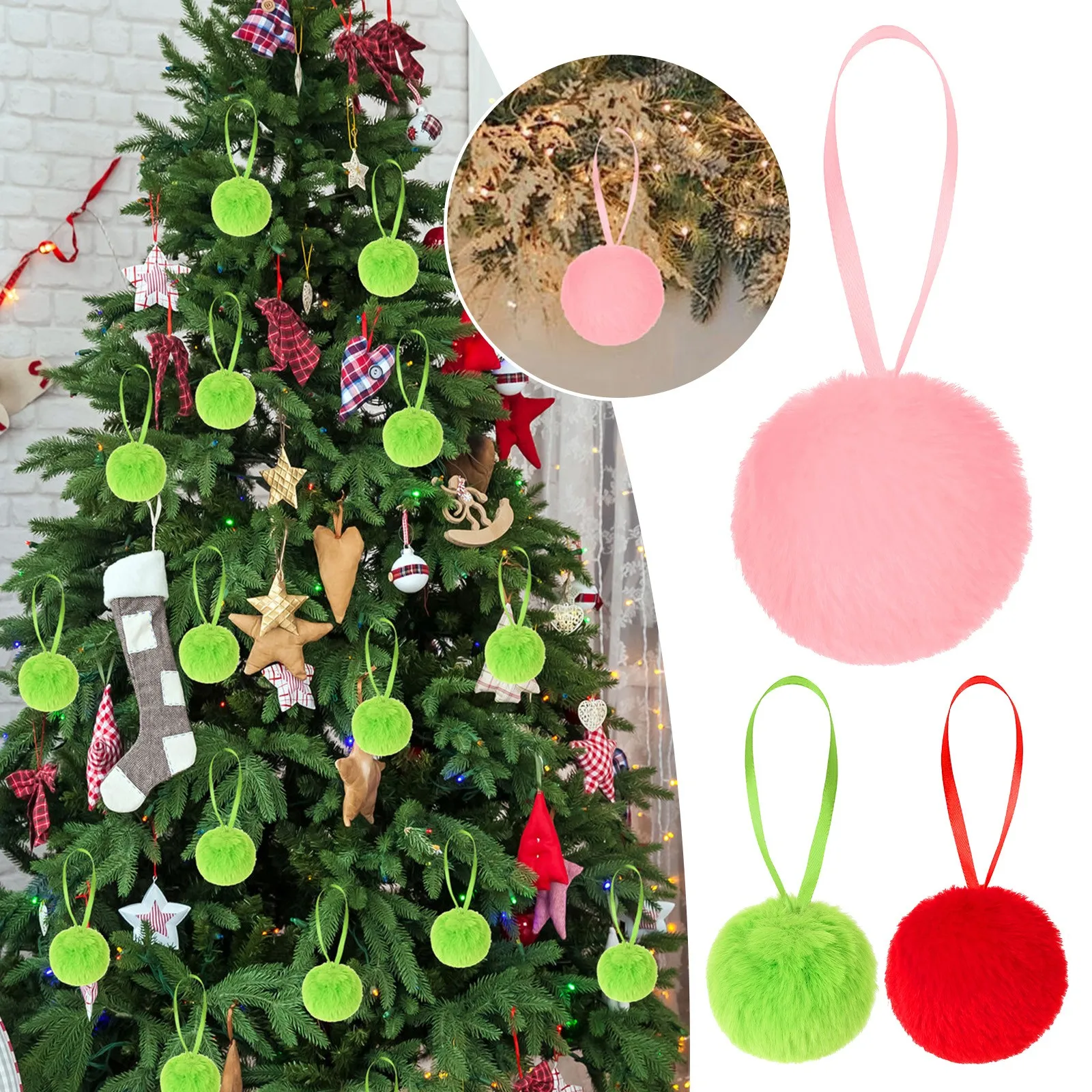 12 Pcs Christmas Balls 2.36 Inch Hanging Christmas Tree Plush Hanging Ornaments Green Red for Indoor Fireplace Home School Decor