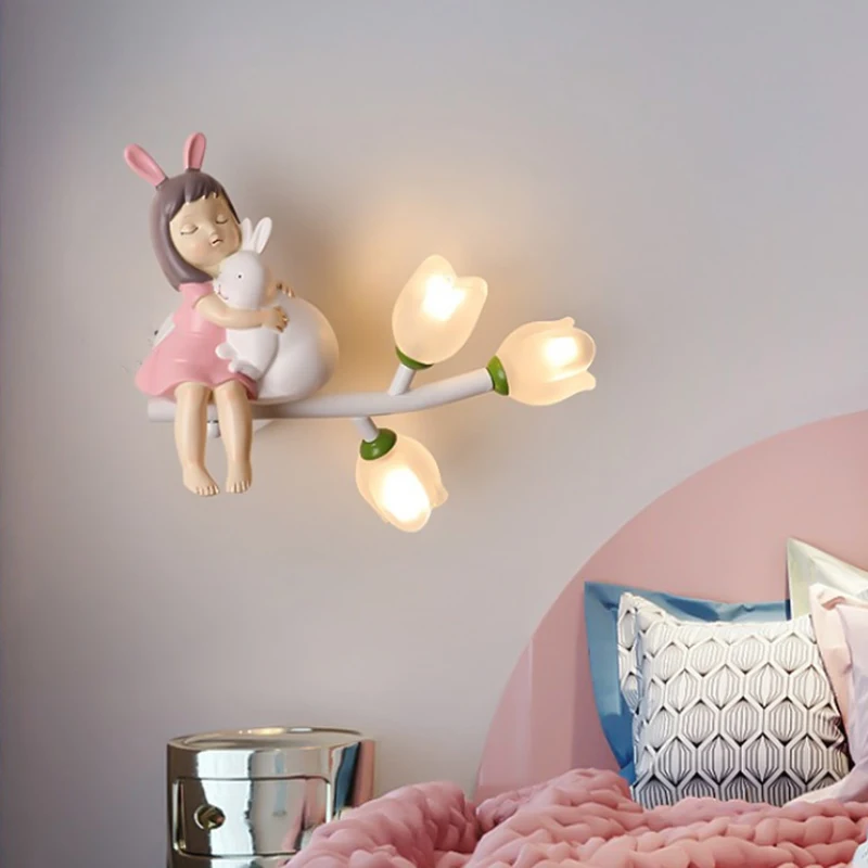 Girl Rabbit Wall Lamps Children\'s Room Wall Light for Bedroom Bedside Hallway Lighting G4 LED Flower Decorative Night Lamps