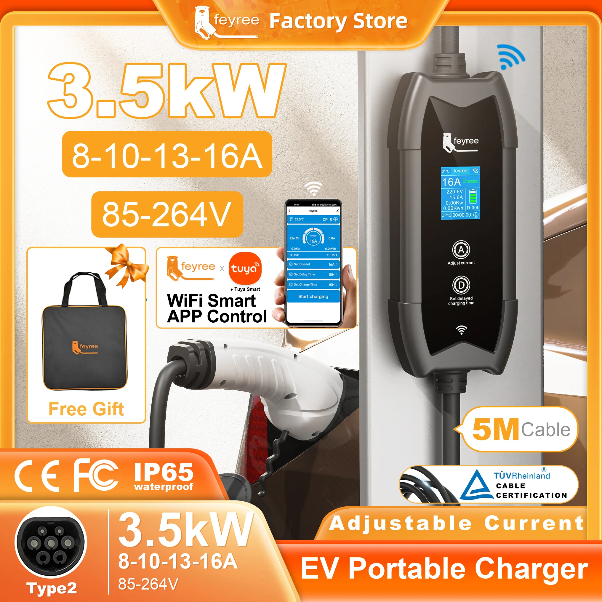 feyree EV Charger Type2 16A 3.5KW 1 fase WIFI APP Controllo 5M Cavo Scatola di ricarica portatile Set Tempo di ricarica e ritardo per auto EV