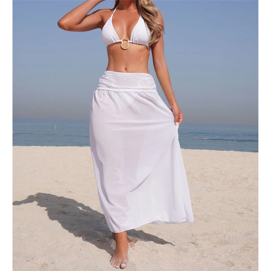 Mit Rock, Neckholder, Metallring, Bikini, Damen-Badebekleidung, Damen-Badeanzug, dreiteiliges Bikini-Set, gepolsterter Badeanzug, Badeanzug, Schwimmanzug V7068 – Detail 2