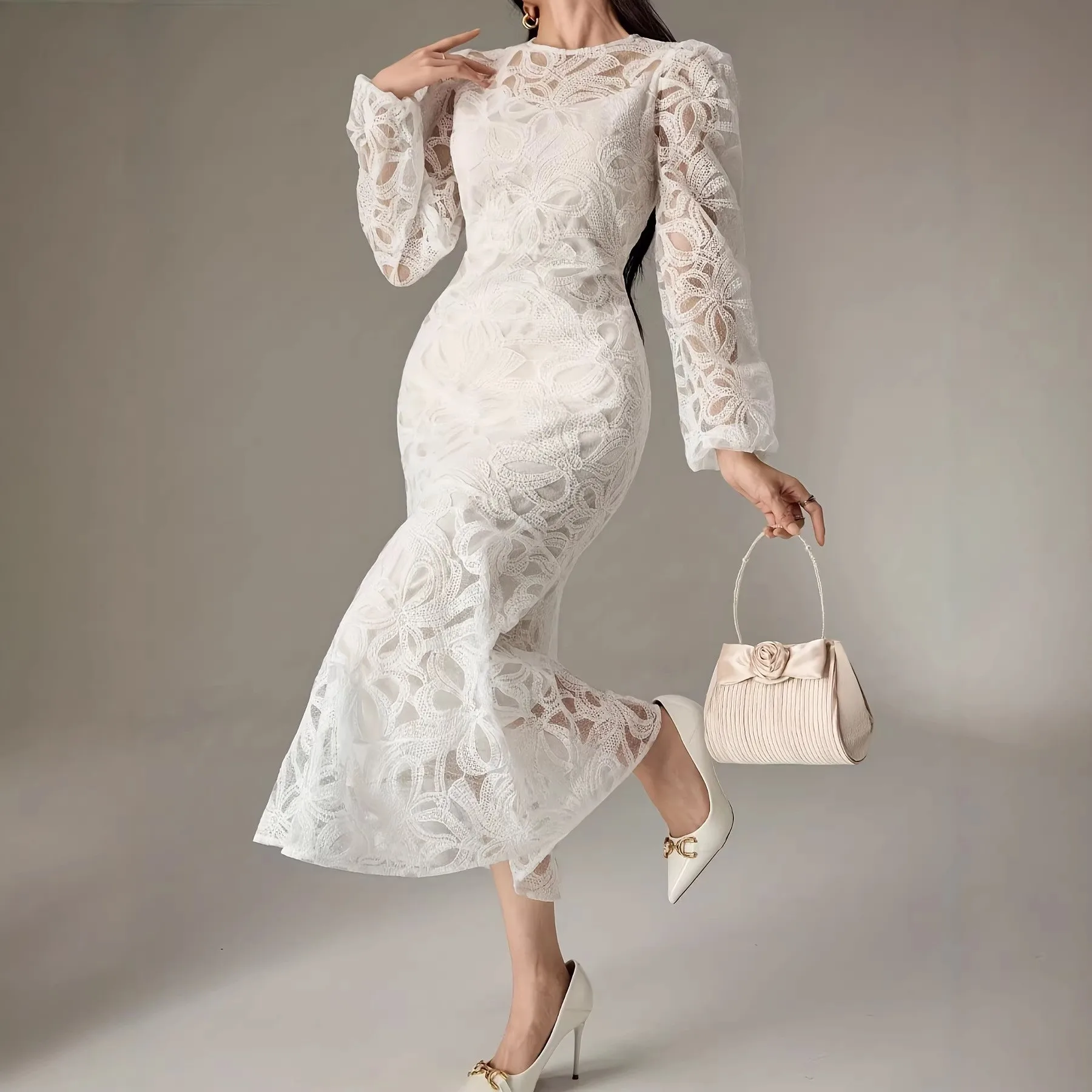 Elegant Party Dress Long Sleeve Lace Wedding Guest Woman Dresses Hollow Out Mermaid Gown Floral Lace Puffed Sleeve Maxi Dress