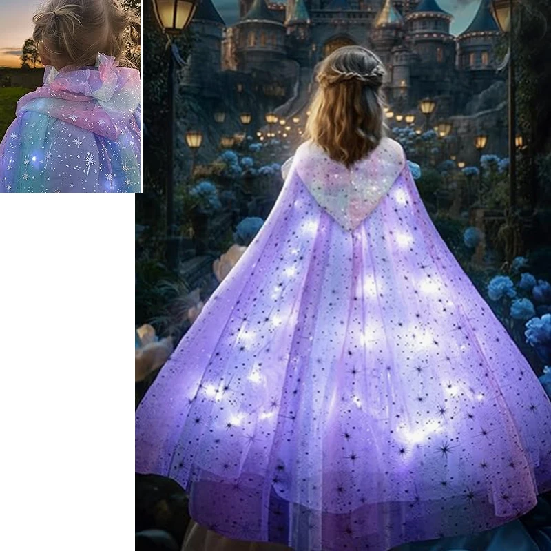 

LED Princess Dress Up Cape Girls Light Up Hooded Cape for Girls Costume Cloak Shawl Toddler Kids Halloween Train