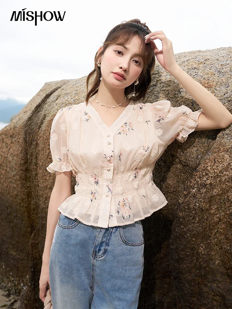 MISHOW Short Sleeved Embroidered Flower Blouses Summer 2023 Ruffles French Chic V-neck Puff Sleeve Waist Elegant Top MXC38X0048