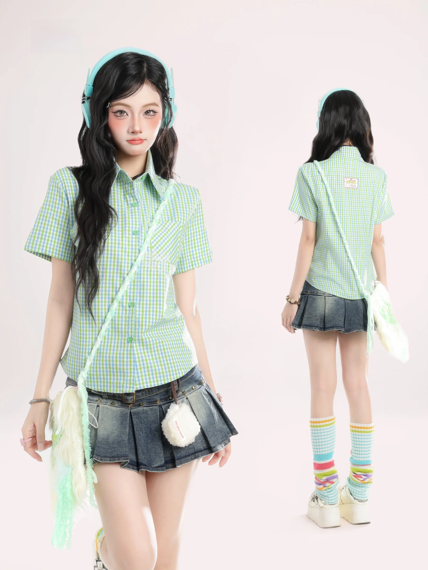 

Женская летняя рубашка HM Sweet Dopane с вышитым клетчатым воротником и коротким рукавом, модный топ