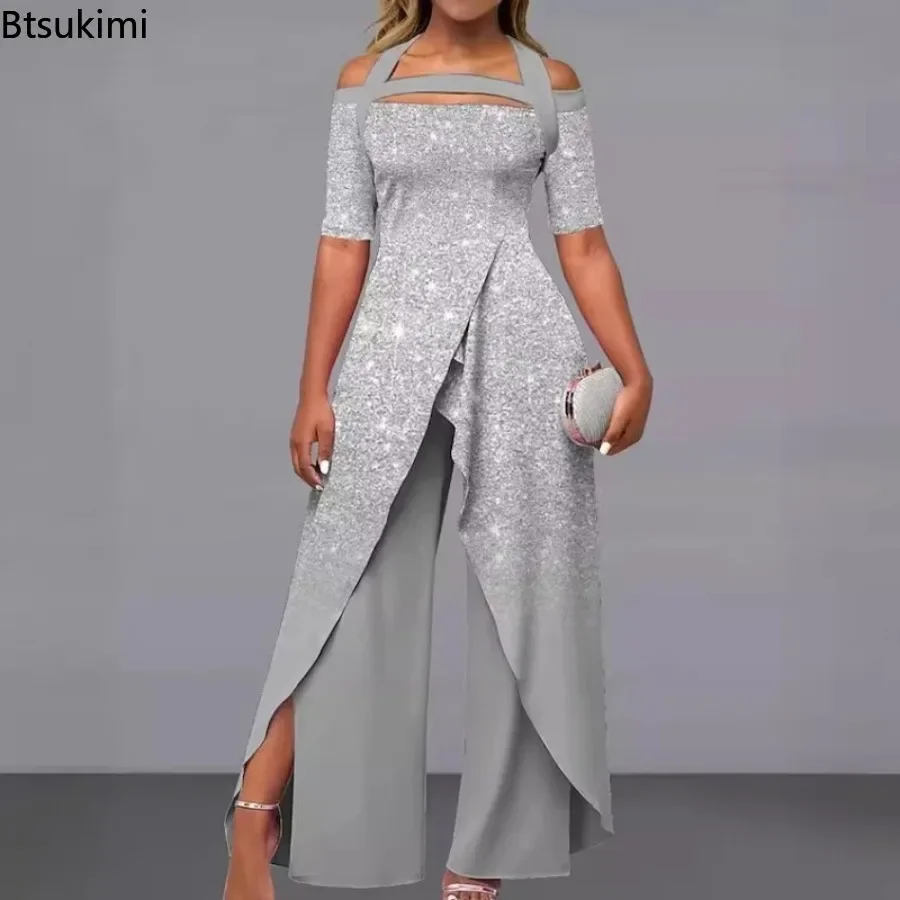 Eleganckie kombinezony dla kobiet 2024 Summer Sexy Off Shoulder Print High Wait Slim Fit Wide Leg Rompers Fashion Party Overalls Femme