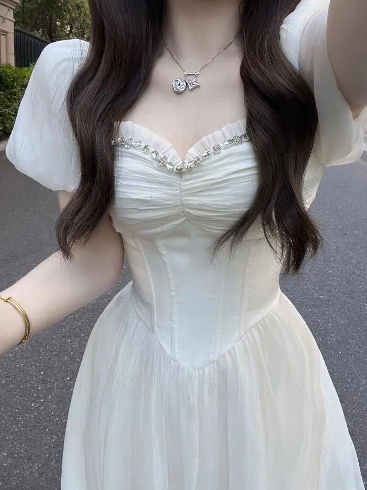 White Fairycore Princess Dresses Women Puff Sleeve Diamonds Midi Vintage Chiffon A-line Birthday Party Holiday Ins Temperament