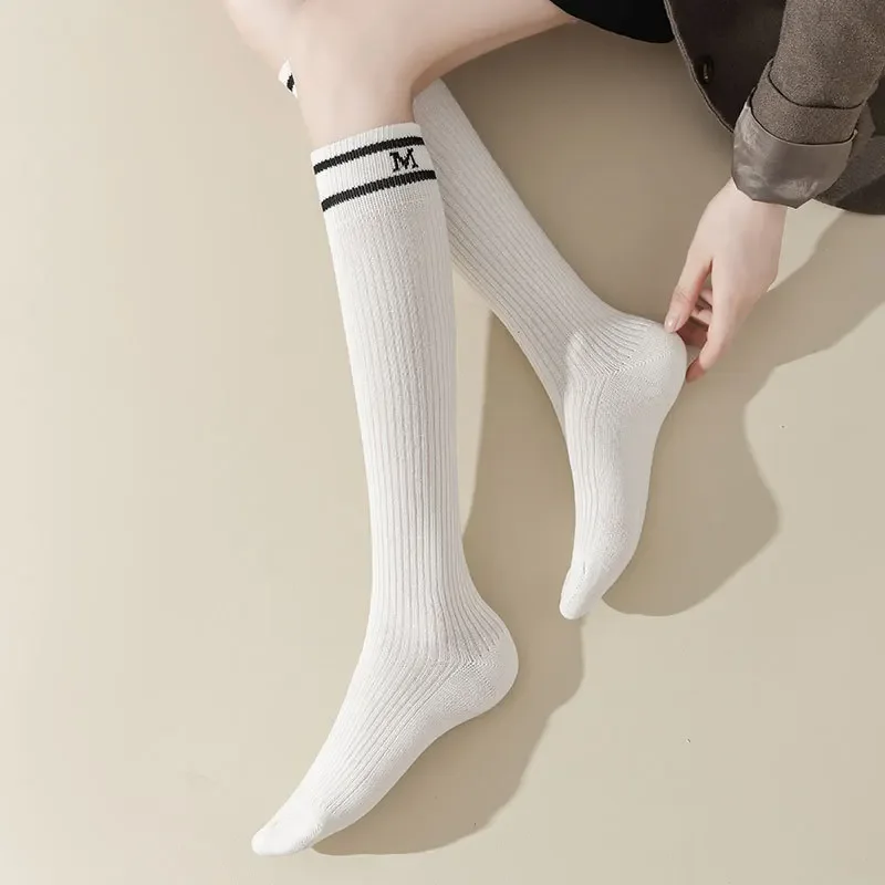 Letter Embroidery Stockings Women Girls Solid Color Long Socks Women Stockings College Style Knitting Cotton Knee Socks Stocking