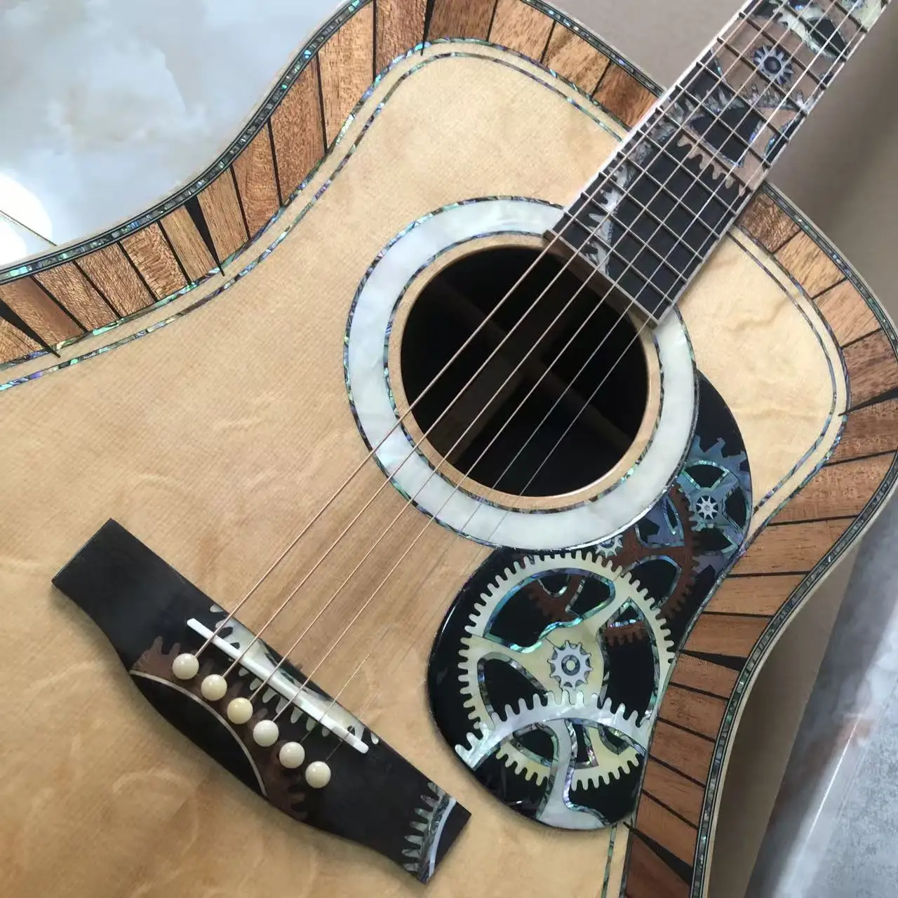 

All-Solid Wood D200 Collection Acoustic Guitar Premium Recessed Pickguard Intricate Watch-Themed Inlay Design Steampunk Style