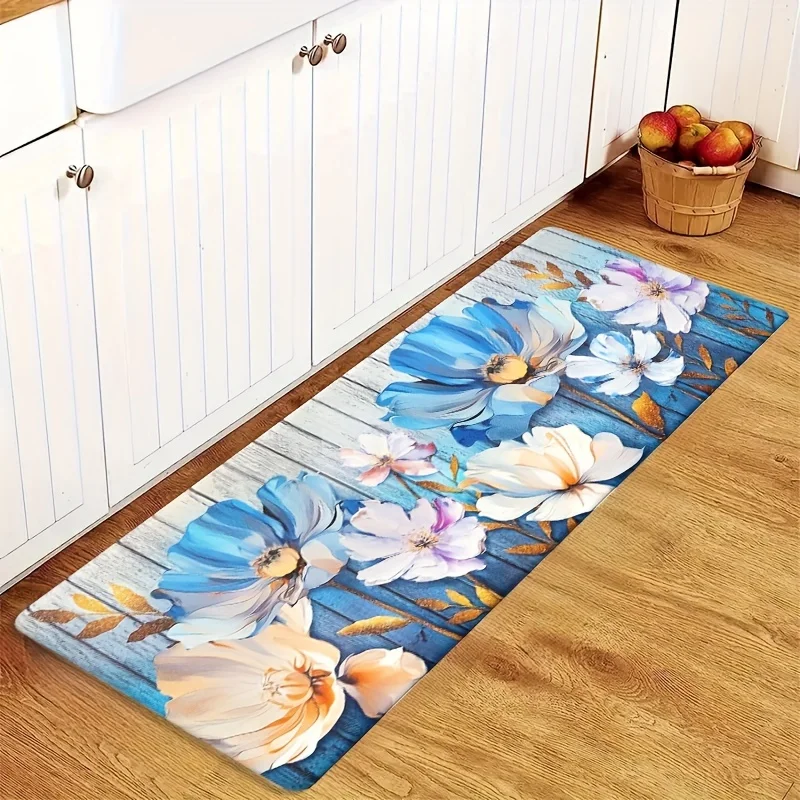 Vintage Wooden Board Floral Kitchen Runner Rug Oil Painting Blue Magnolia Flower Leaf Print Long Rectangular Decor Floor Mat