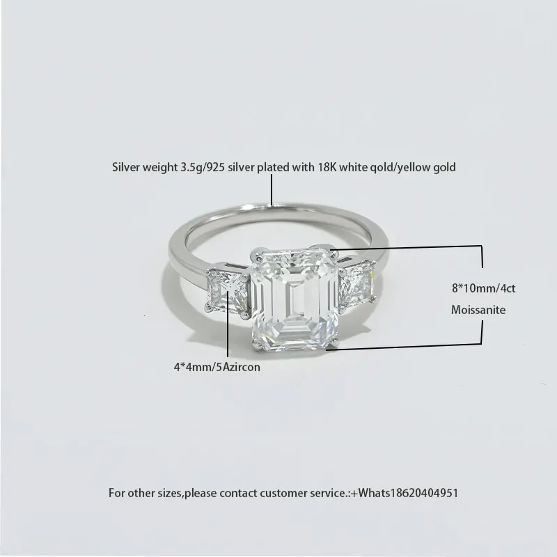 

✨Stunning Women's 4CT Moissanite Ring | S925 Silver Plated 18K White/Yellow Gold Emerald Cut Three-Stone Ring with 4*4MM 5A Zir