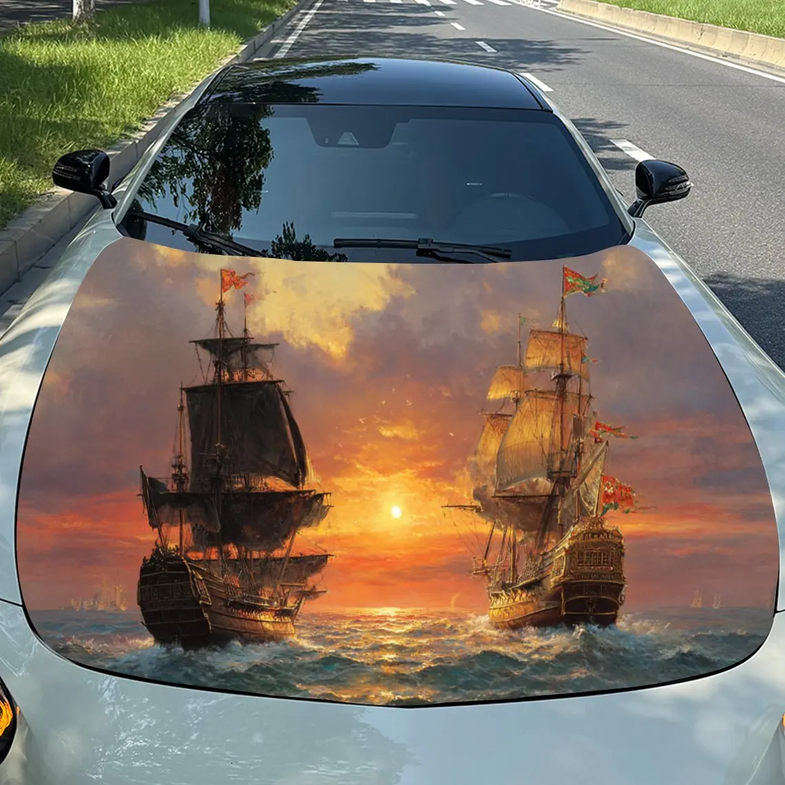 

Graceful Sailboats in Sunset Glare PVC Car Engine Hood Vinyl Wraps, Self-Adhesive Waterproof Car Hood Decal Sticker, Car Decorat