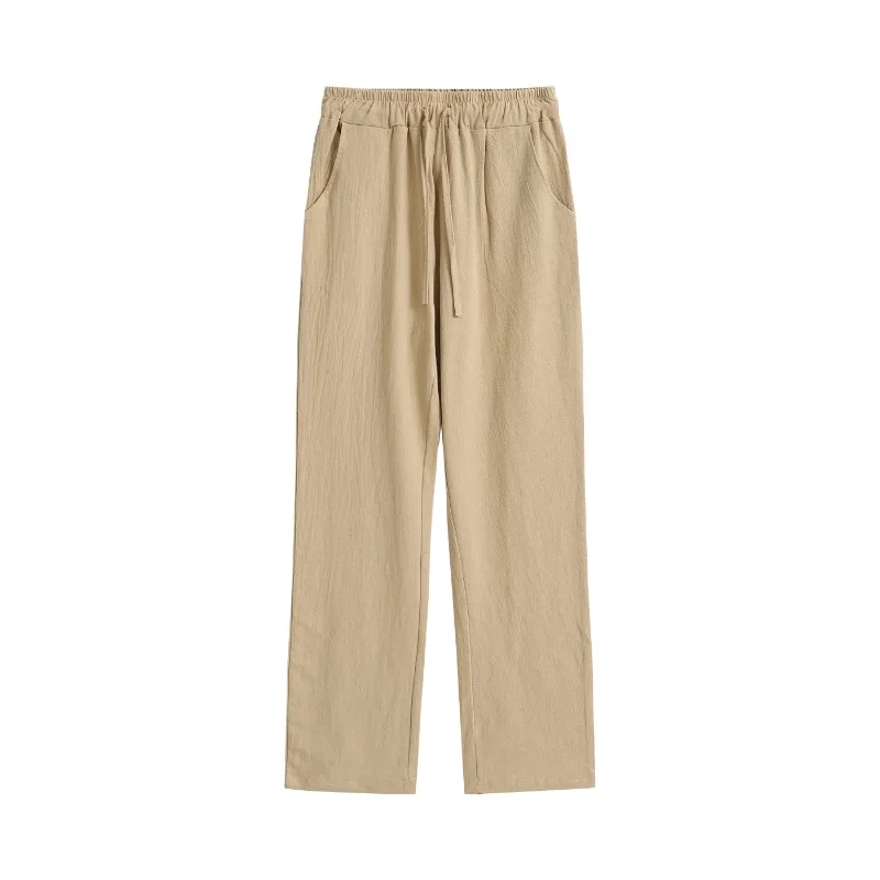 Basic Solid Color Thin Men's Pants Cotton Linen Trousers Fashion Baggy Straight Pant Drawstring Elasticated Waist Casual Pants
