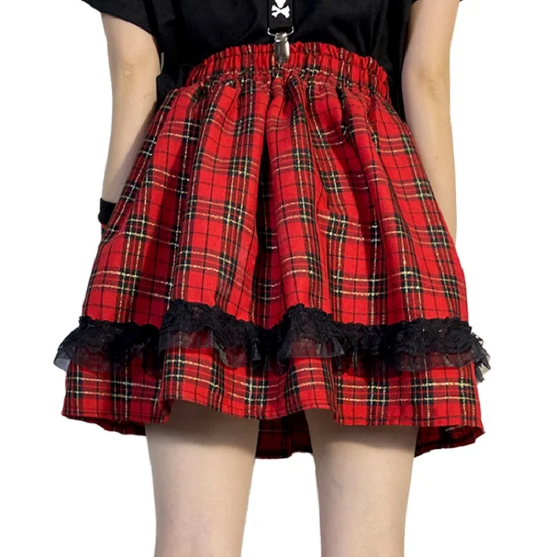 

Y2K Girl Red Plaid Mini Skirt Bright Silk Lace Patchwork Pleated Skirts Elastic Waist Streetwear 2025 Spring Summer