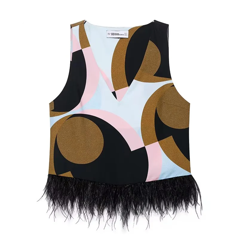هندسية طباعة المرقعة سترة السراويل مجموعات للنساء 2 قطعة ريشة الديكور الخامس الرقبة تانك القمم الدعاوى ملابس امرأة عادية