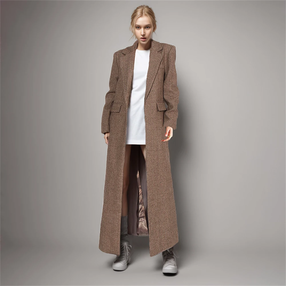 

Chevron Long Suit Jacket for Women Long Sleeves Peaked Lapel One Button Camel Women's Suit Blazer Vintage English Style Coat