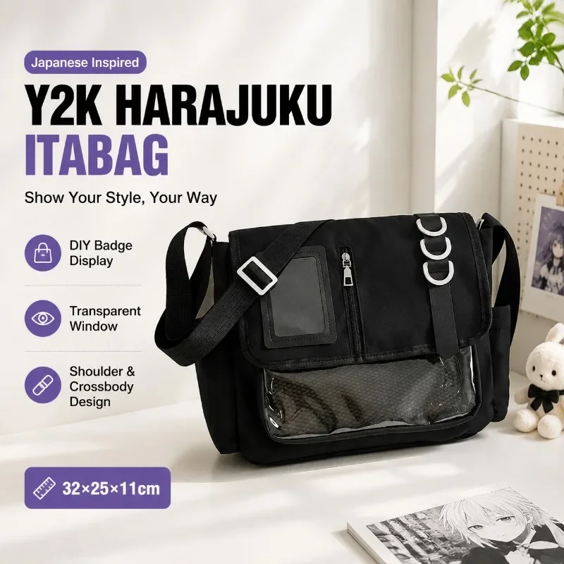 

Y2K Japanese Harajuku Transparent Itabag Shoulder Crossbody Bag for Girls, DIY Badge Display, 32x25x11cm