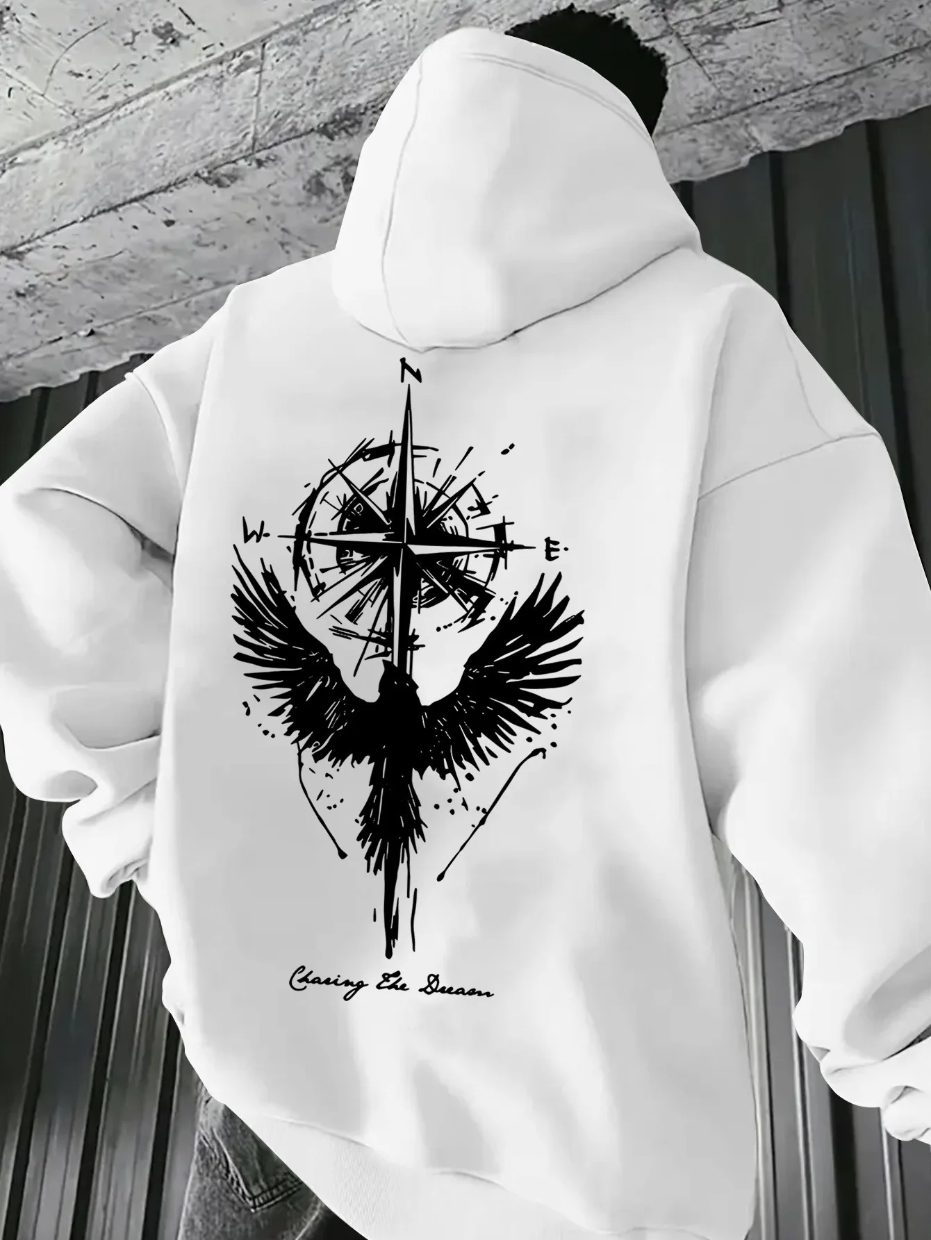 

Men's Gothic Compass & Wings Graphic Hooded Sweatshirt - Loose Fit Casual Pullover with "Comfort in Solitude" Lettering