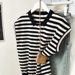 Summer Knitted T-shirt 2025 New Loose Short-sleeved Sweater Design Sense Niche Striped T-shirt Women Casual Versatile Tops