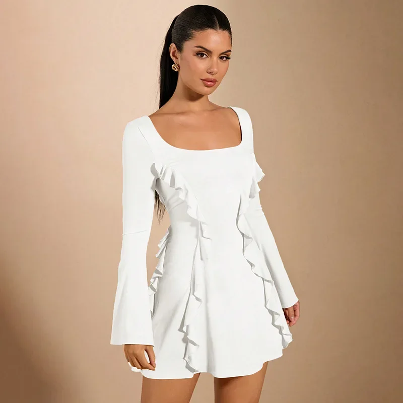 Taruxy renda até grande sem costas mini vestido para mulheres borla babados retalhos vestidos finos elegante manga alargamento roupas de festa femininas