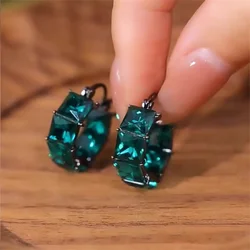 Antique Single Square Green Red Stone Round Hoop Earrings For Women Men Black Gold Color Zircon Ear Buckle Wedding Party Jewelry
