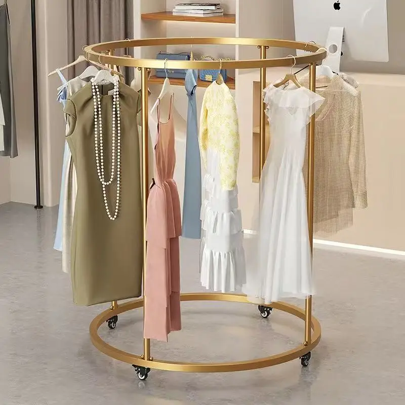 Movable floor-to-ceiling clothing store display rack Round men's and women's children's clothing Oval double-row hanger with