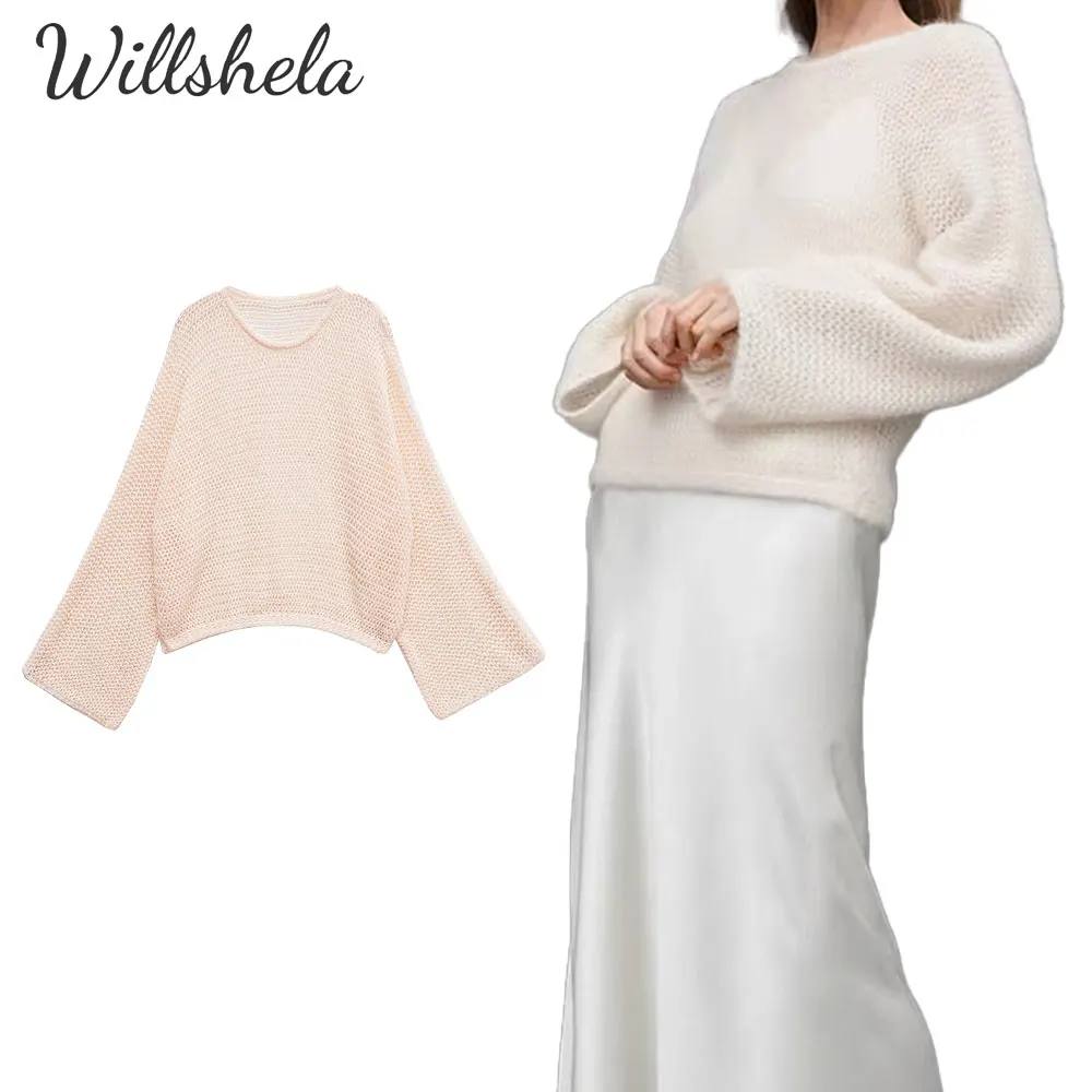 

Willshela женский модный винтажный свободный вязаный свитер с круглым вырезом и длинными рукавами, женская шикарная женская повседневная верхняя одежда