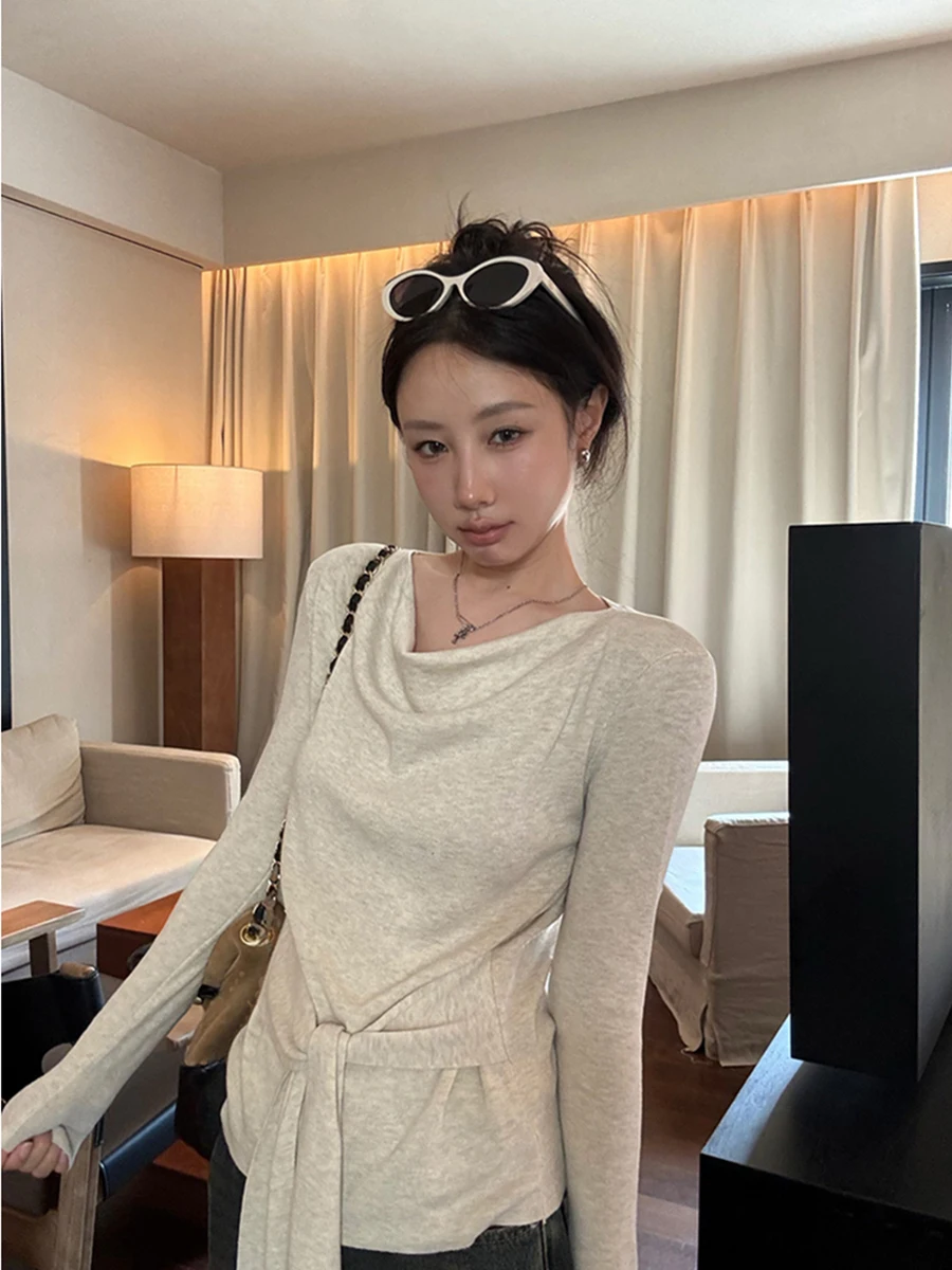 

Свободный крой, вязаный топ с высоким воротом, обтягивающий талию, слинг Ne Relax с поясом, ранняя осень, женский новый повседневный свободный крой