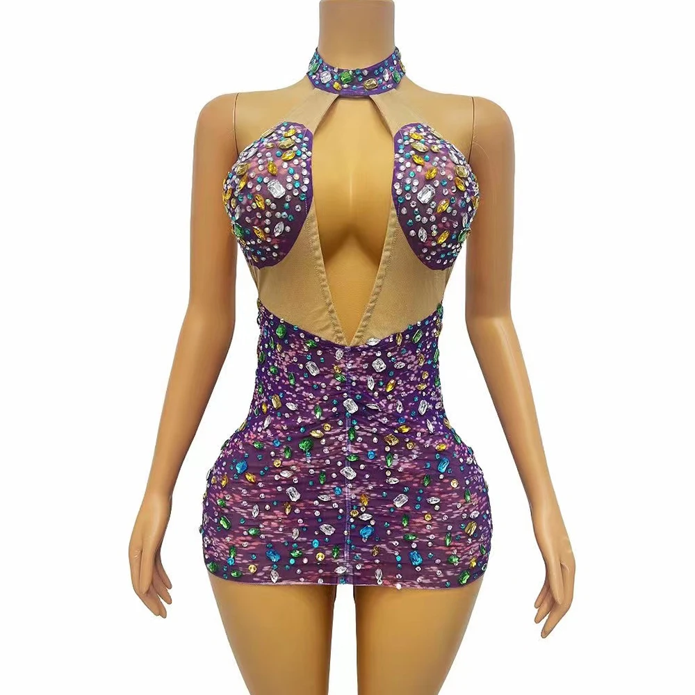 

Sexy Stage Sparkly Courful Crystals Purple Mini Dress Evening Birthday Celebrate Backless Costume Prom Party Photoshoot Dress