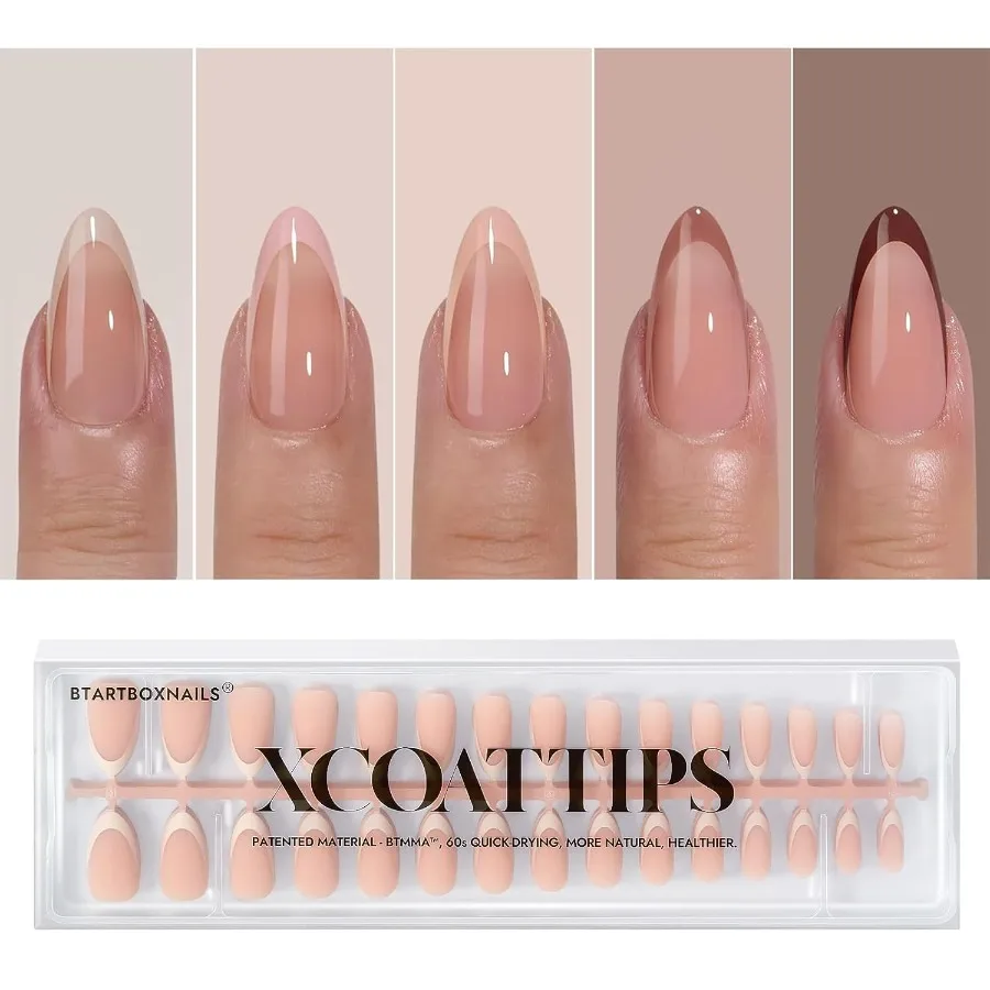 

Fall Press on Nails Накладные ногти средней миндальной формы с французским кончиком и мягкой гелевой отделкой в оттенках кожи Легко замачиваемые