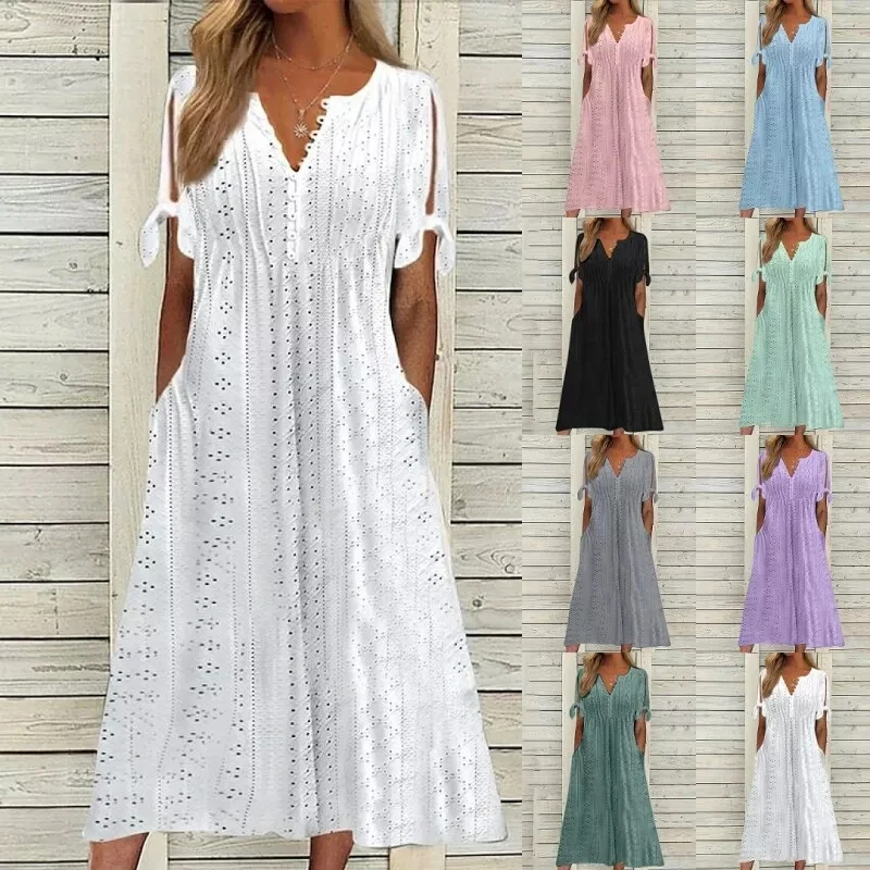 Robe longue brodée à col en V pour femmes, robes maxi décontractées, robe taille haute pour dames, manches courtes, robe de soirée sexy avec poche