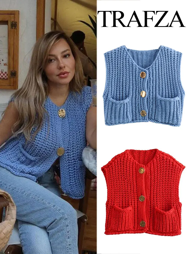 TRAFZA Women Spring Fashion Short Vests Solid O-Neck Sleeveless Pocket Decoration Single Breasted Female Vintage Knitted Tops