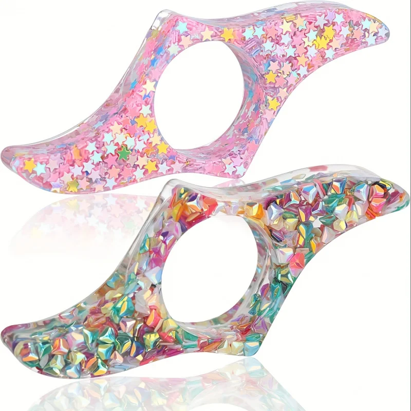 2 Pcs parkling Sequin Resin Book Page Holder Clear acrylic thumb bookmark with colorful star pattern, ideal gift for book lovers