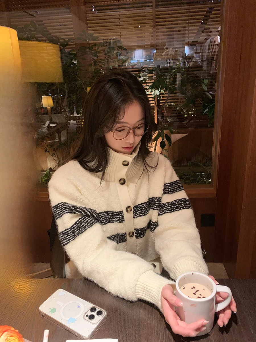 

Sinbounboun 2026 New High Collar Striped Knitted Loose Women's Sweater Coat Soft Comfortable Lazy Sle Long Sve Cardigan