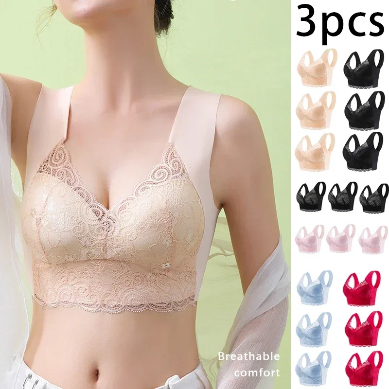 

3pcs Ice Silk Seamless Lace Bra Top Support Underwear No Steel Ring Comfortable Large Size Bra Vest Bralette