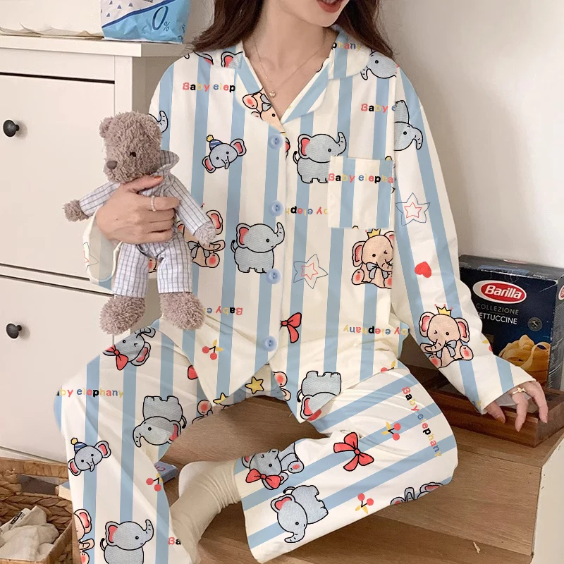 Damen-Pyjama-Set mit süßem Aufdruck, süßer Elefant, Herbst-Winter, Y2K, niedliche zweiteilige Nachtwäsche, Langarm-Top und Hose, Loungewear