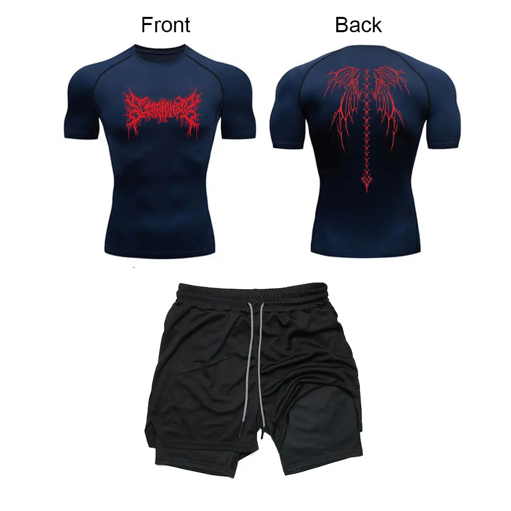 ملابس رياضية للرجال Y2K مطبوعة على شكل هيكل عظمي قمصان رياضية مضغوطة + 2 في 1 شورت أداء صيفي للياقة البدنية والجري