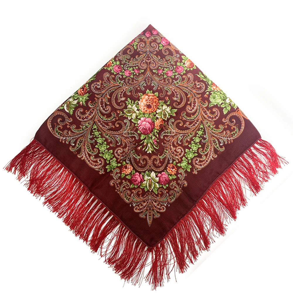 Russian Style Floral Print Square Scarf Women Ethnic Fringed Bandana Shawl Babushka Handkerchief Female Blanket Head Wraps