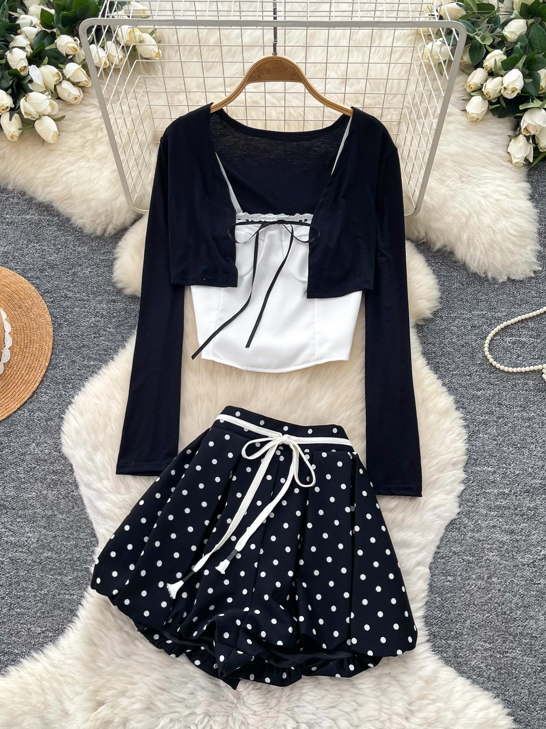 Elegant Black Open Cardigan with  Knot Strap Vest And Polka Dot  Skirt Three Piece Set for Women Autumn Fashion