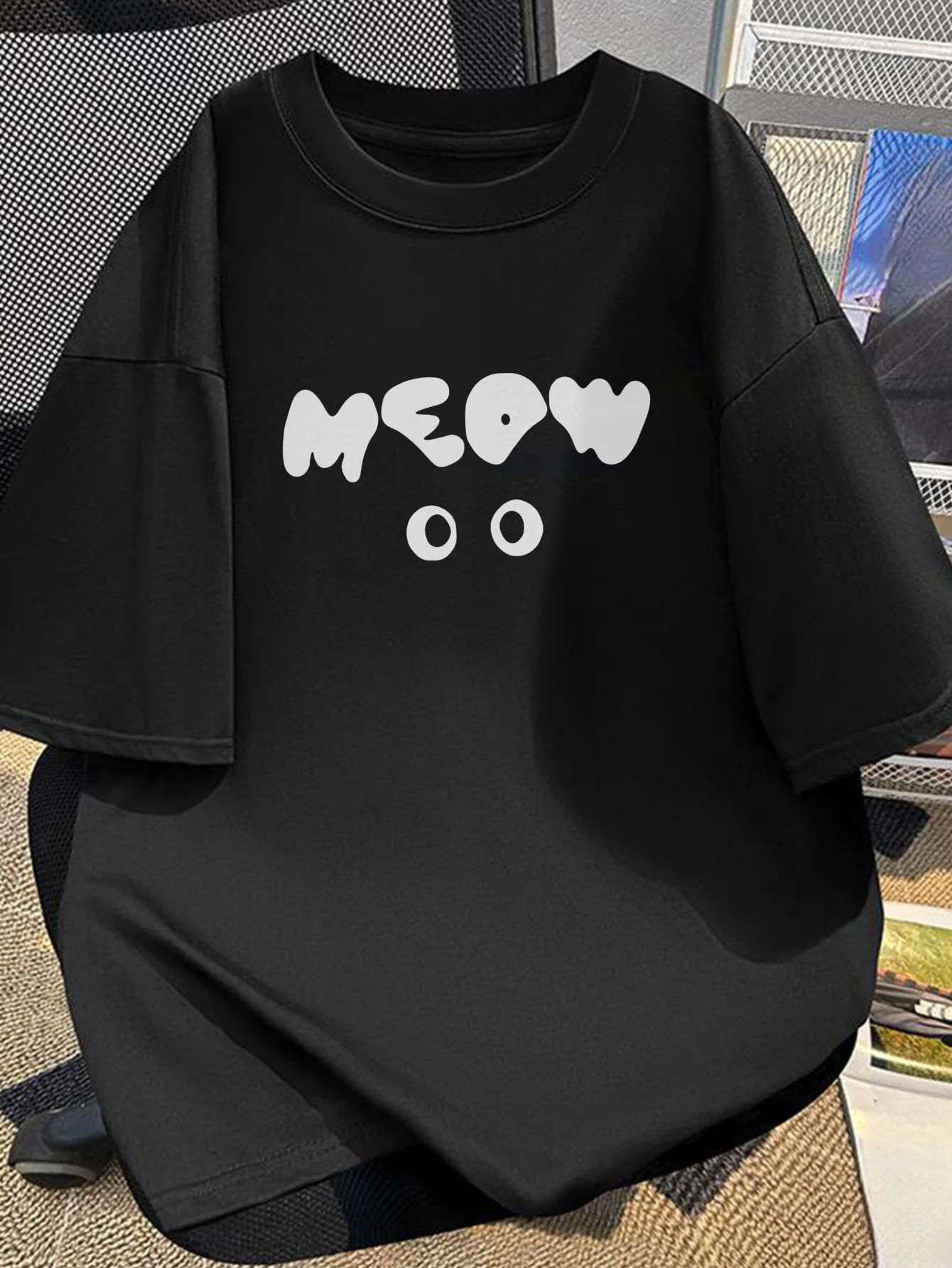 MEOW Simple Graphic Cotton T-shirt Men Women Minimal Cartoon Short Sleeve Unisex Casual Daily Streetwear Basic Tops