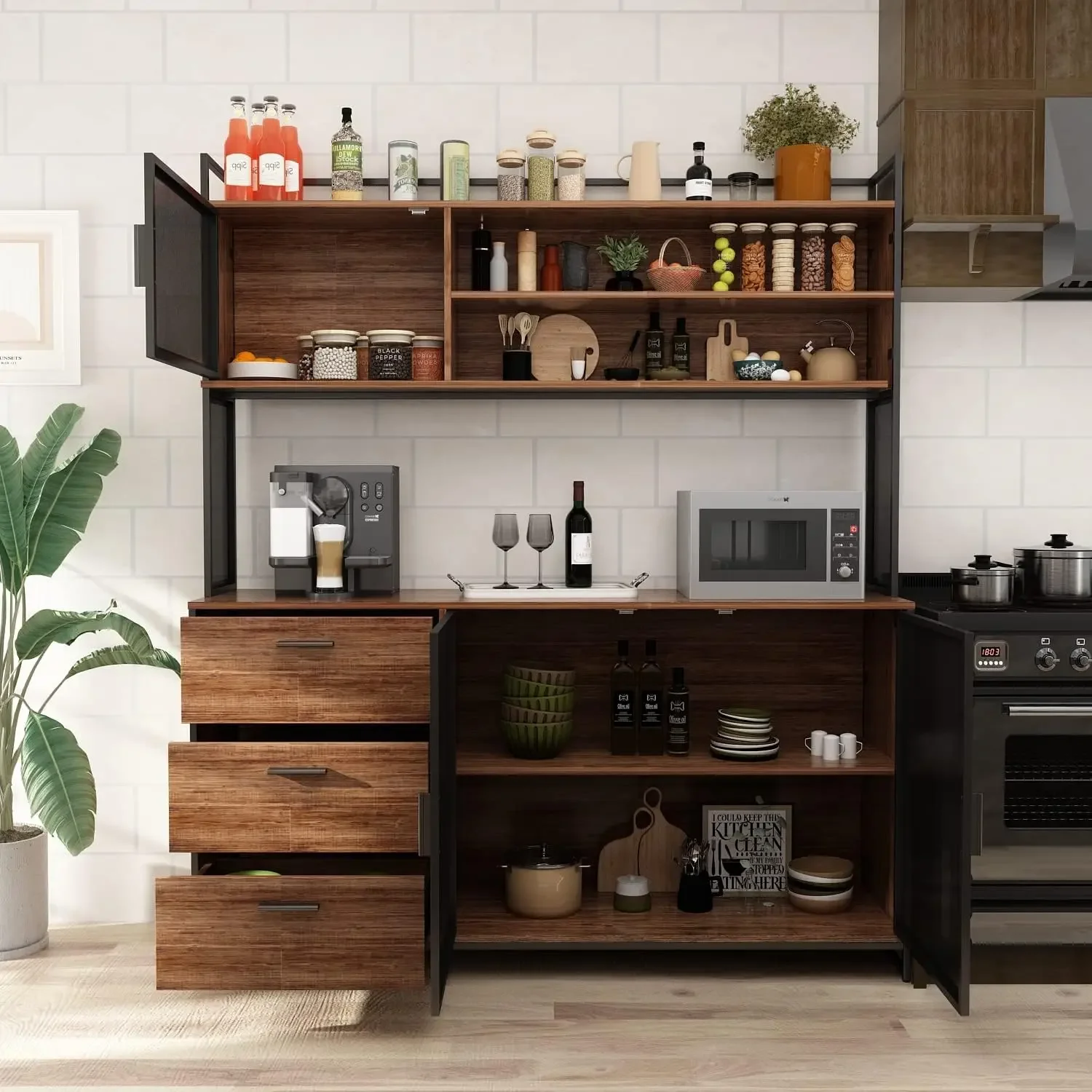 Large Kitchen Hutch Cabinet, Storage Cupboard Pantry with 3 Metal Doors, 3 Drawers & Microwave Shelf