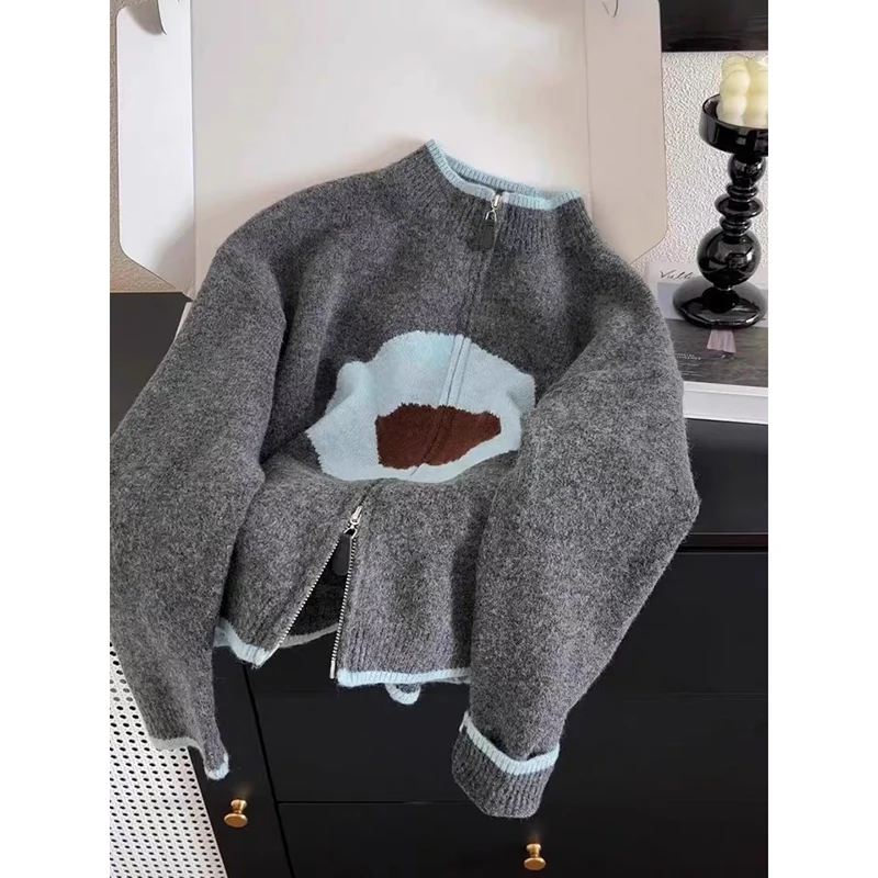 YIBASHU Autumn Winter Contrast Color Sweater Coat Women Japanese Korean Style Loose Double Zipper Knitted Cardigan Jacket Female