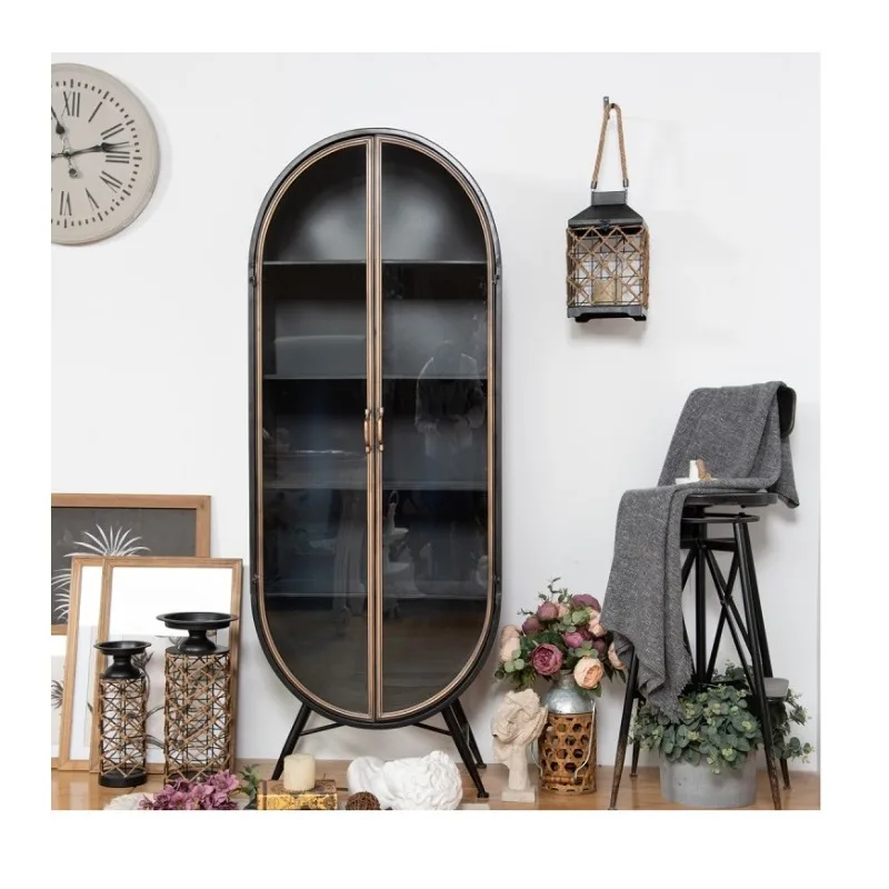 Living Room Furniture Black Vintage Retro Industrial Style Metal Iron Arched Oval Tall Storage Cabinet With Glass Door