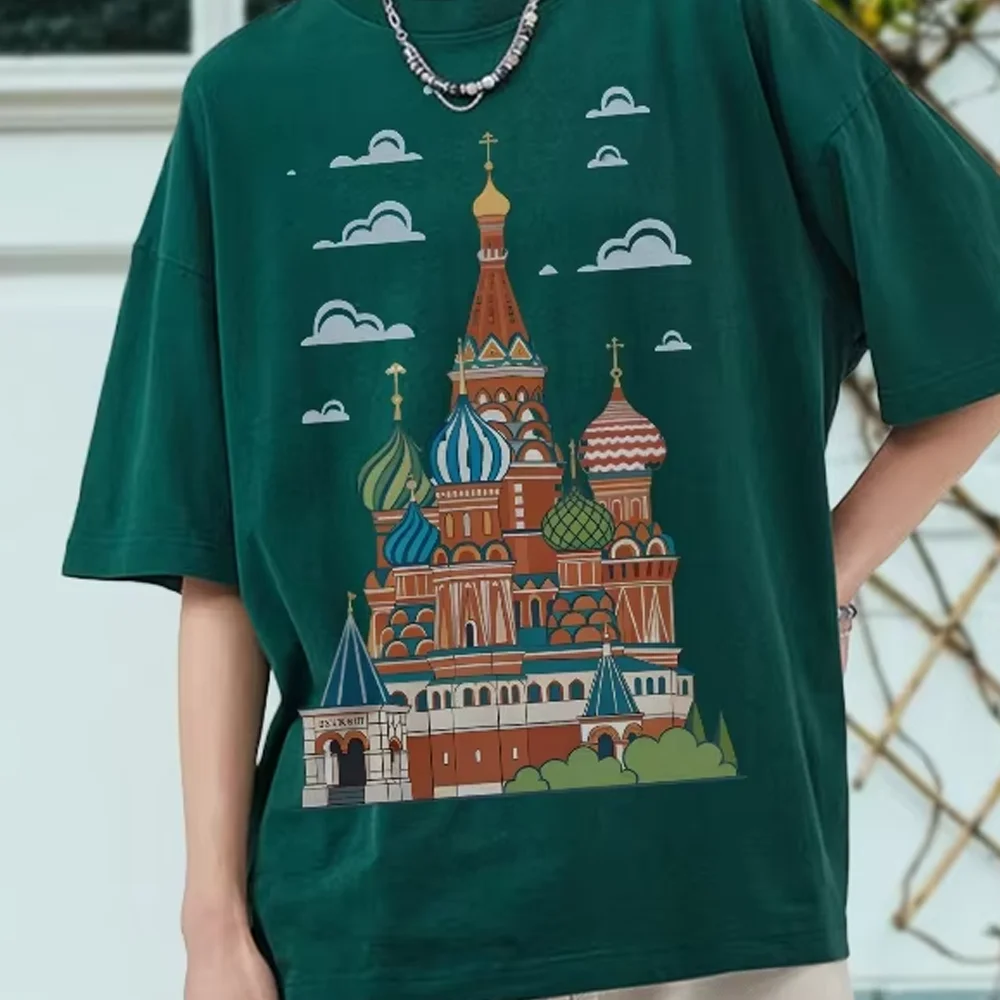 

Y2k T-Shirt City Church Colorful Print T-Shirt Inspired Casual Building Graphic Wear Trendy Pure Cotton Artistic Vibe Clothes