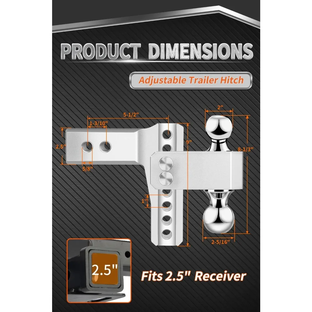 Aluminum Trailer Hitch with 2.5-Inch Receiver - METOWARE Heavy-Duty Hitch for 6-Inch Drop/Rise Adjustment