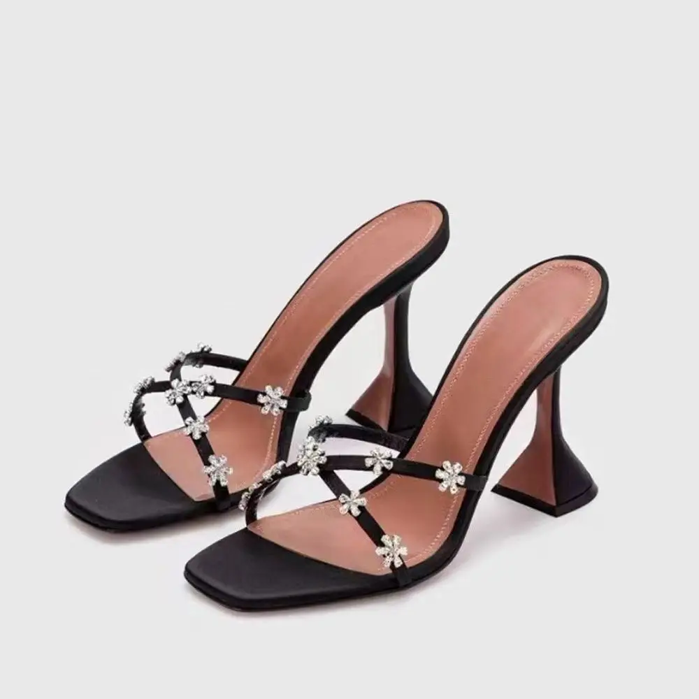 IPPEUM Sandals Women 2023 Luxury Brand Satin Sandalias Crystal Flower Slides Female Party High Heels Slippers صنادل كعب نسائية