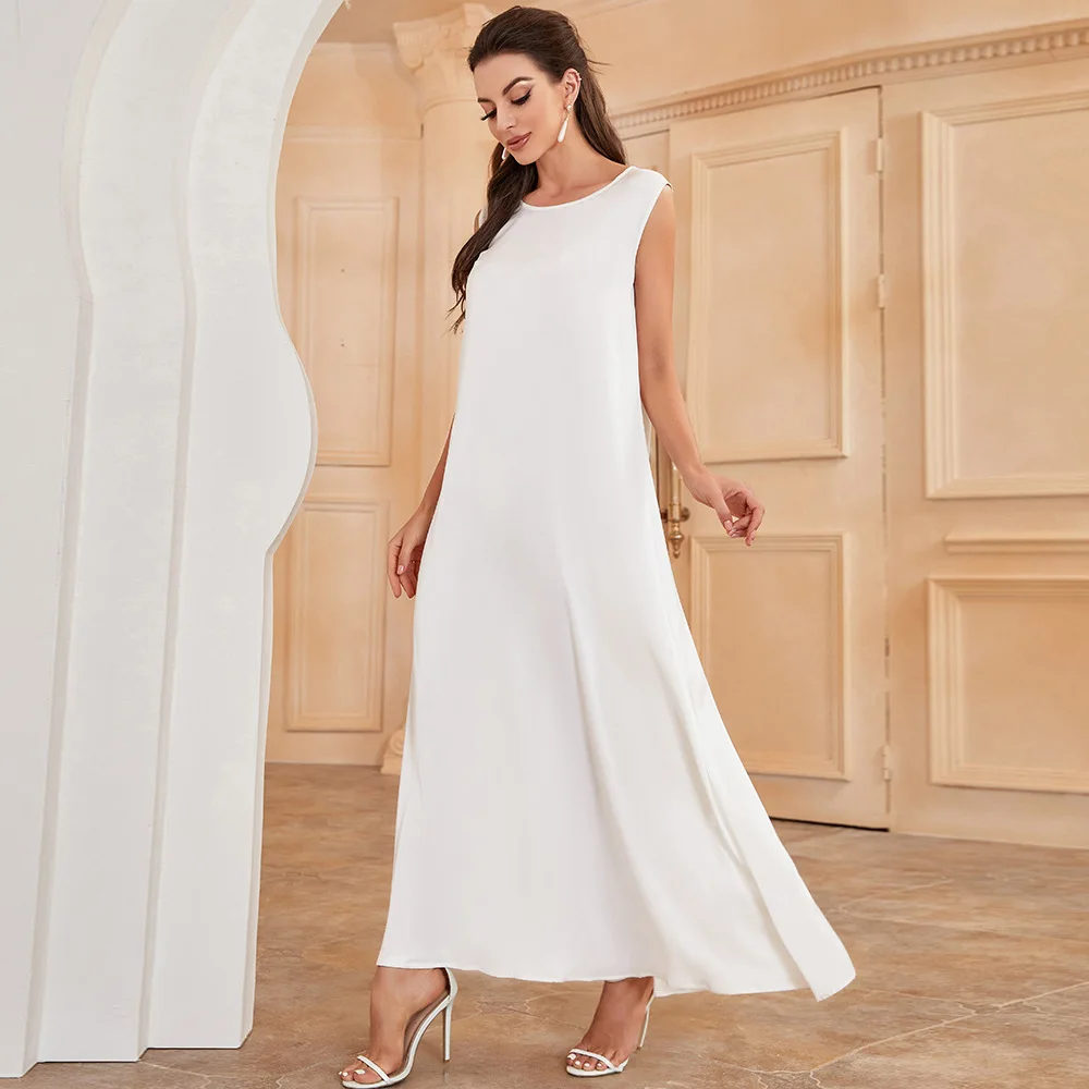 Ramadan Under Abaya Satin Inner Dress Muslim White Sleeveless Slip Dresses for Women Islamic Clothes Dubai Turkey Outfit Kaftan