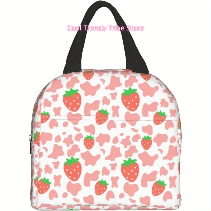 

Insulated Strawberry & Cow Print Lunch Bag – Reusable, Portable Meal Tote with Black Handles, Perfect for Work, Travel, and Picn